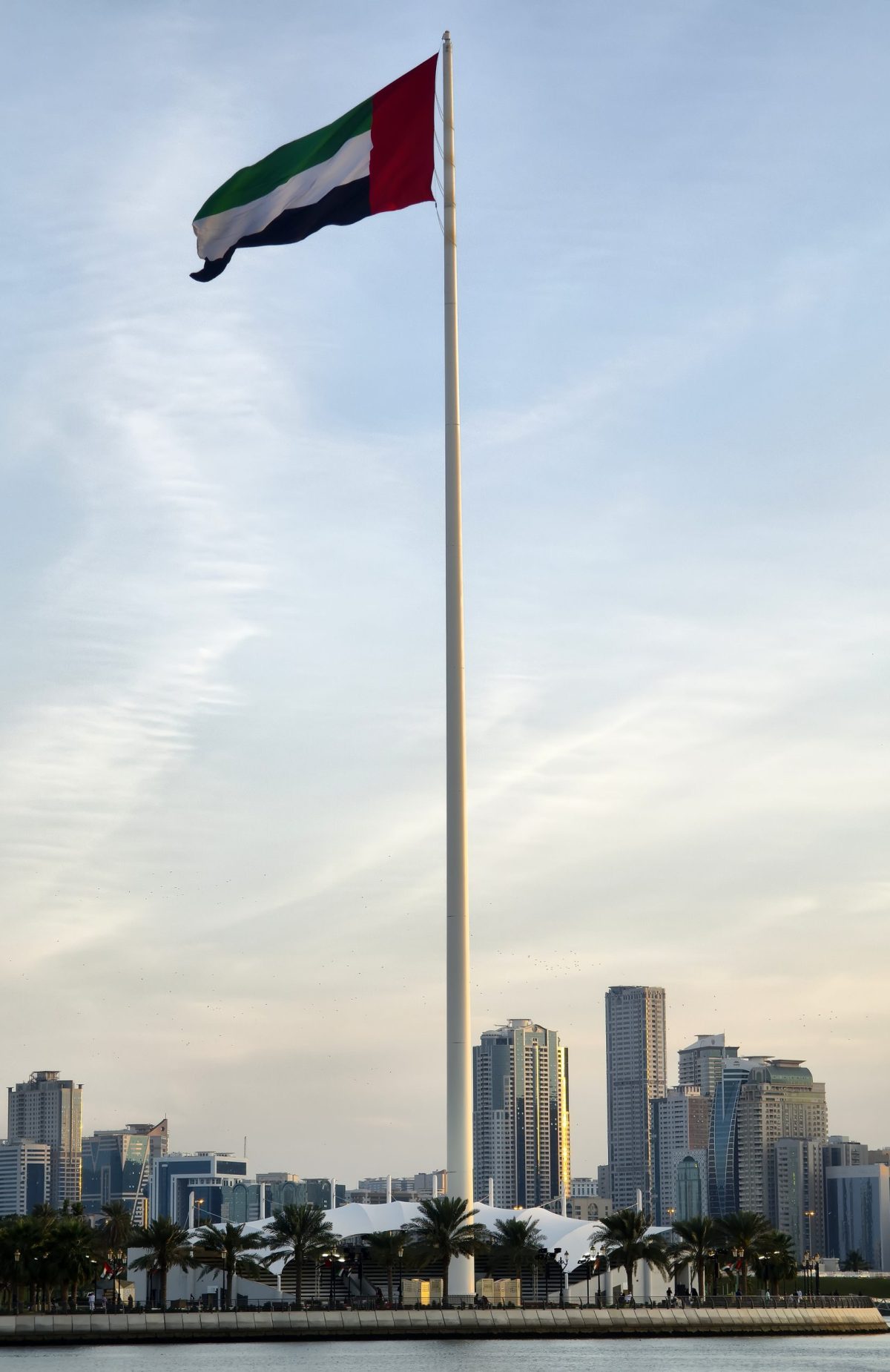 Flag of the United Arab Emirates in Sharjah on the coastline in the background of tall skyscrapers. urban landscape
